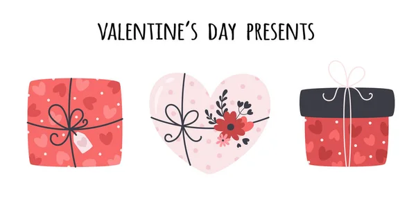 Colección de regalos de San Valentín. Presenta cajas con corazones y flores. Ilustración vectorial — Vector de stock