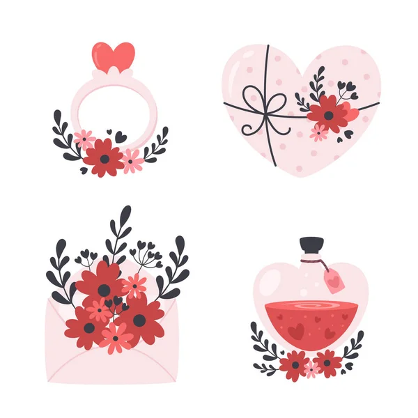 Valentijnsdag en romantische elementen collectie. Liefdesdrank, geschenkdoos, verlovingsring met oor en envelop met bloemen. Vectorillustratie — Stockvector