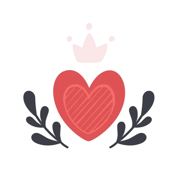 Elemento Día San Valentín Corazón Con Corona Ramas Ilustración Vectorial — Archivo Imágenes Vectoriales