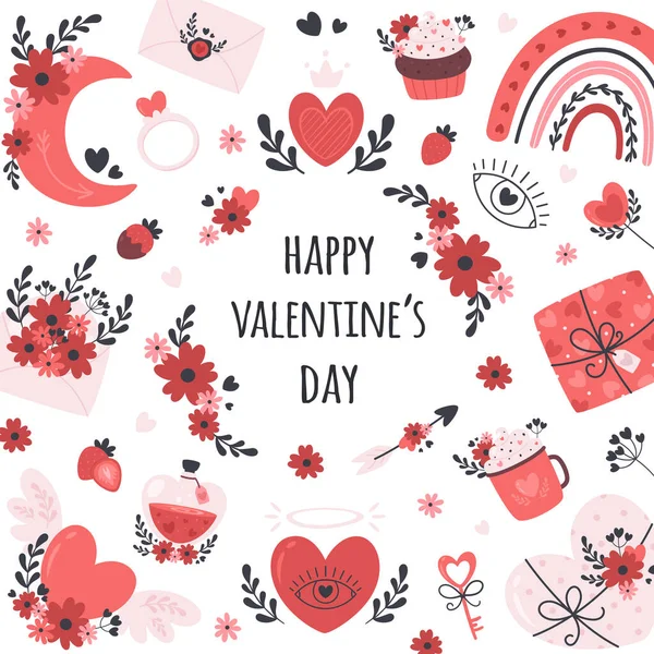 Tarjeta Felicitación Del Día San Valentín Corazones Poción Amor Caja — Vector de stock