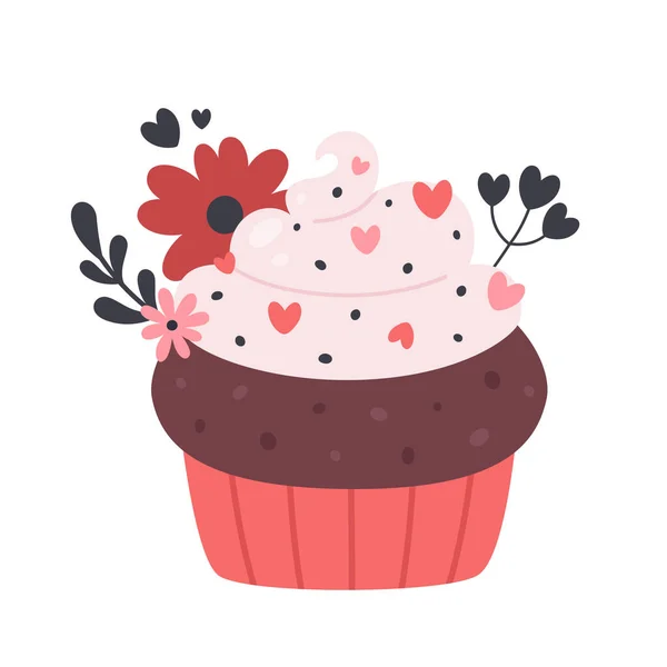 Valentine Day Sweet Cupcake Flower Decor Vector Illustration — Stock Vector