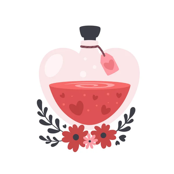 Botella con poción de amor o perfume de amor. Día de San Valentín, amor, concepto romántico. Ilustración vectorial — Vector de stock