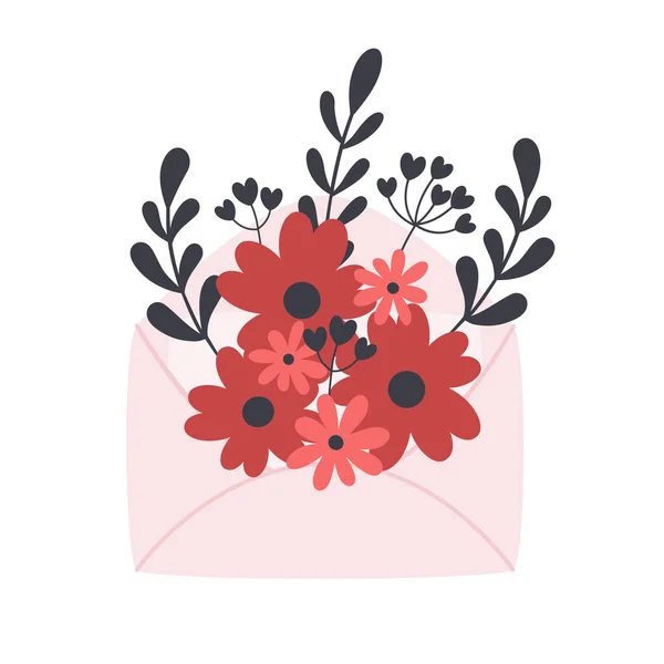 Envelope com flores, folhas e ramos. Amor, romântico, Dia dos Valetines, conceito de casamento. Ilustração vetorial — Vetor de Stock
