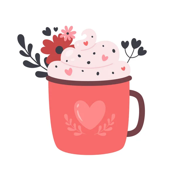 Bebida caliente del día de San Valentín. Taza de café con crema, corazones y flores. Ilustración vectorial. — Vector de stock