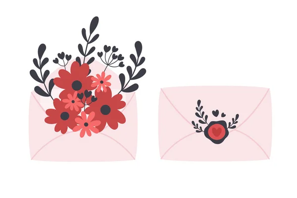 Φάκελος με λουλούδια, φύλλα και κλαδιά. Αγάπη, ρομαντική, ημέρα του Αγίου Βαλεντίνου, γαμήλια ιδέα. Εικονογράφηση διανύσματος — Διανυσματικό Αρχείο