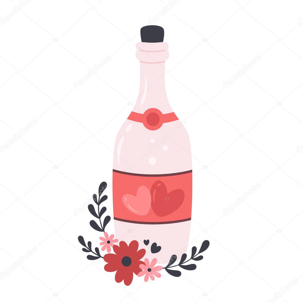 Bottle with champagne. Valentines day, love, romantic concept. Valentines day element. Vector illustration