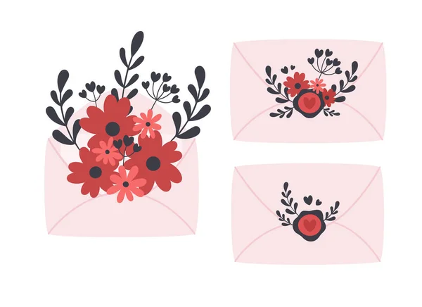 Enveloppe Avec Fleurs Feuilles Branches Concept Amour Romantisme Saint Valentin — Image vectorielle