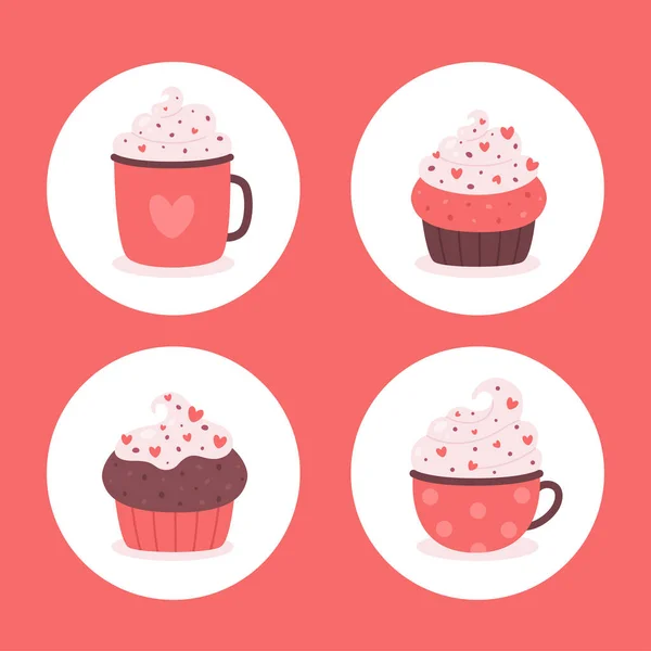 Día de San Valentín bebidas calientes con cupcakes. Ilustración vectorial. — Vector de stock
