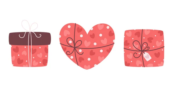 Valentines Day gift collection. Present boxes with hearts. Vector illustration — Vettoriale Stock