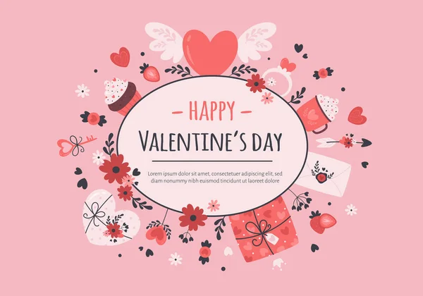 Tarjeta de felicitación del día de San Valentín. Día de San Valentín y elementos románticos. Ilustración vectorial — Vector de stock