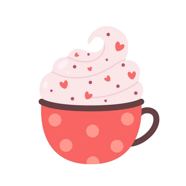 Bebida caliente del día de San Valentín. Taza de café con crema, gotas de chocolate y corazones. Ilustración vectorial. — Vector de stock