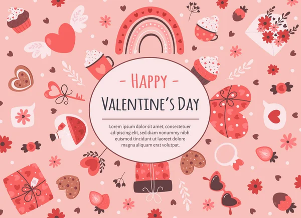 Tarjeta de felicitación del día de San Valentín. Día de San Valentín y elementos románticos. Ilustración vectorial — Vector de stock