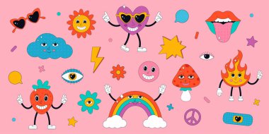 Psikedelik 70 'ler tarzında sevimli karakterler. Hippie, psychedelic, groove, retro and vintage style