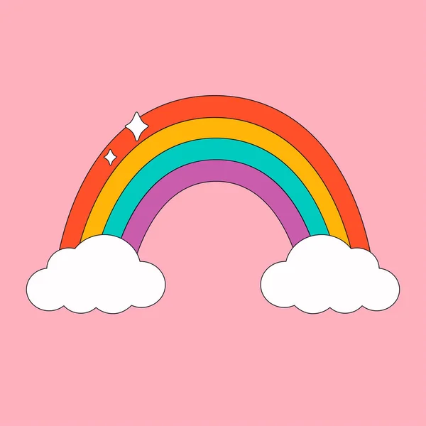 Netter Cartoon-Regenbogen mit Wolken. Hippie, Psychedelic, Groove, Retro- und Vintage-Stilelemente. Vektorillustration — Stockvektor