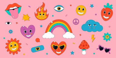 70 'ler tarzında sevimli elementler ve karakterler. Hippie, psychedelic droove, retro ve vintage tarzı. Vektör illüstrasyonu