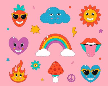 70 'ler tarzında sevimli karakterler ve elementler. Hippie, psychedelic, groove, retro ve vintage tarzı. Vektör illüstrasyonu
