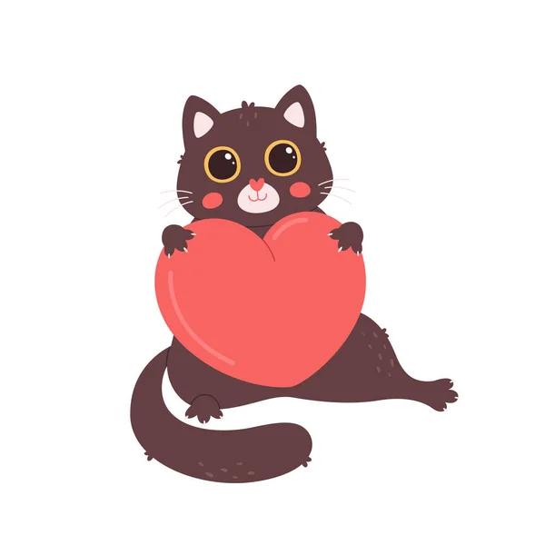Yürekli sevimli kedi karakteri. Sevgililer Günü tebrik kartı. Aşk, romantik, düğün, Sevgililer Günü konsepti. Vektör illüstrasyonu — Stok Vektör