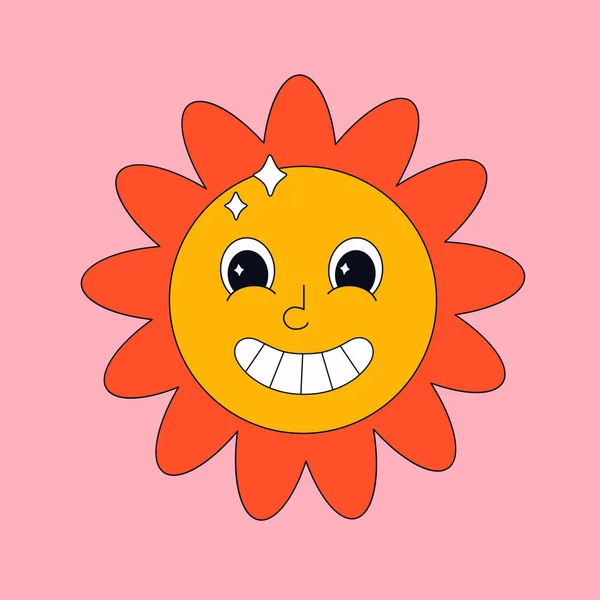 Cute cartoon sun character in retro style with eyes. Hippie, psychedelic droove, retro and vintage style. Vector illustration — Stock Vector