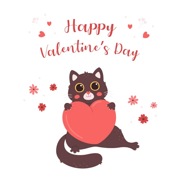 Personagem Gato Bonito Com Coração Dia Dos Namorados Cartão Saudação — Vetor de Stock
