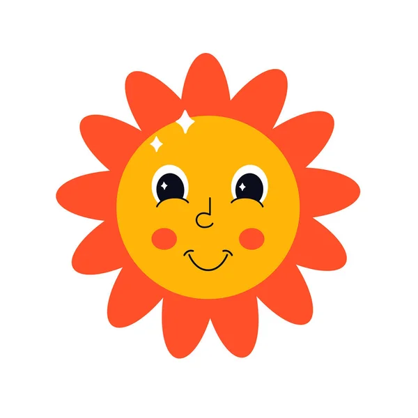 Cute sun character in retro style with eyes. Hippie, psychedelic, retro and vintage style. Vector illustration — Stock Vector