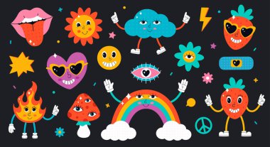 70 'ler tarzında sevimli elementler ve karakterler. Hippie, psychedelic, retro ve vintage tarzı. Vektör illüstrasyonu
