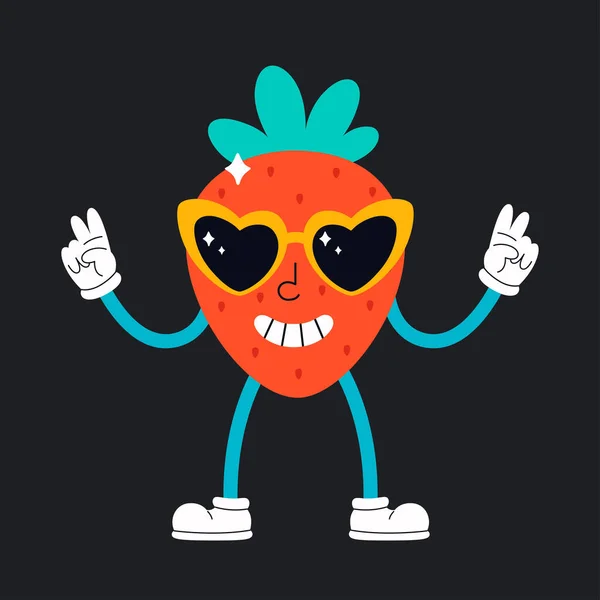 Mignon personnage de fraise de dessin animé avec des lunettes rétro. Hippie, psychédélique, rétro et vintage. Illustration vectorielle — Image vectorielle