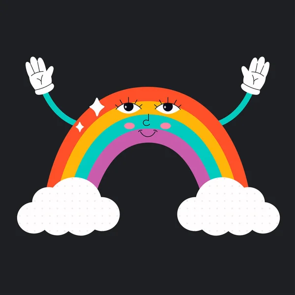 Nette Cartoon-Regenbogenfigur mit Wolken. Hippie, Psychedelic, Retro- und Vintage-Stilelemente. Vektorillustration — Stockvektor
