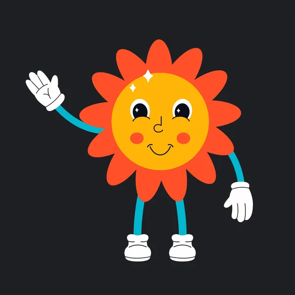 Cute cartoon sun character in retro style. Hippie, psychedelic, retro and vintage style. Vector illustration — Stock Vector