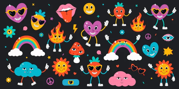 Gran conjunto de personajes y elementos lindos en el estilo de los 90. Hippie, psicodélico, groove, estilo retro y vintage. Ilustración vectorial — Vector de stock