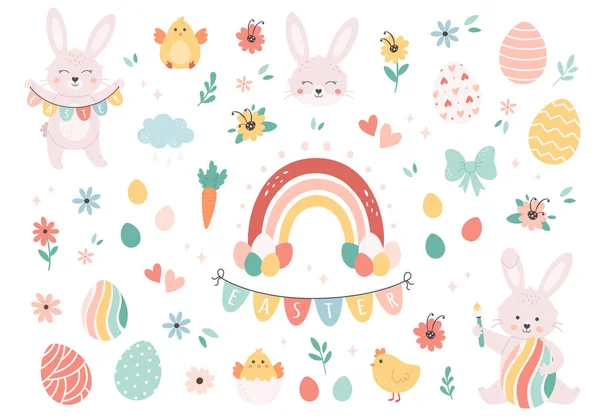 塗装卵、ウサギ、虹、花や鶏とイースターセット。イースターと春の要素。手描きベクトルイラスト — ストックベクタ