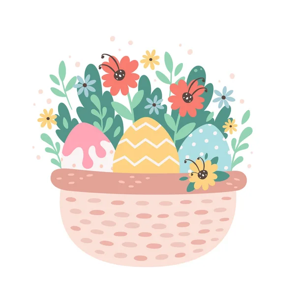 Корзина с пасхальными яйцами и цветами. Счастливой Пасхи, весна. Векторная иллюстрация — стоковый вектор