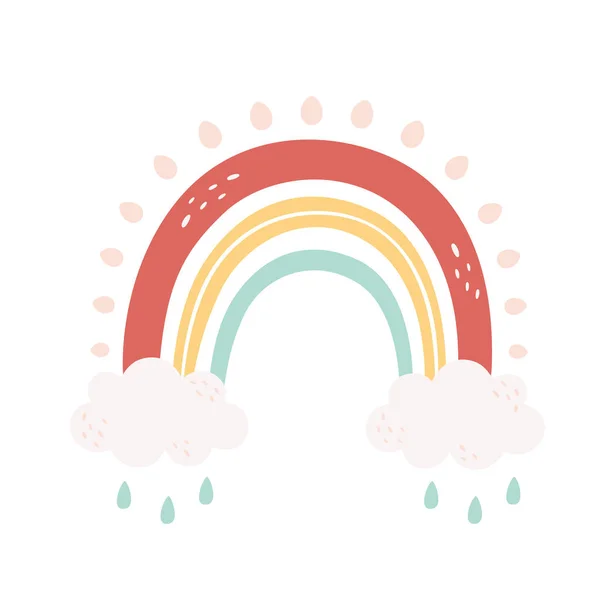 Netter Regenbogen mit Wolken. Abstraktes, Boho-Elemente. Handgezeichnete Vektorillustration — Stockvektor