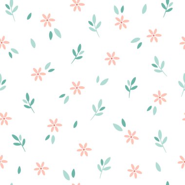 Yeşil dal, yapraklar ve çiçekler pürüzsüz desen. Kumaş, tekstil, ambalaj kağıdı için tasarım. El çizimi vektör illüstrasyonu