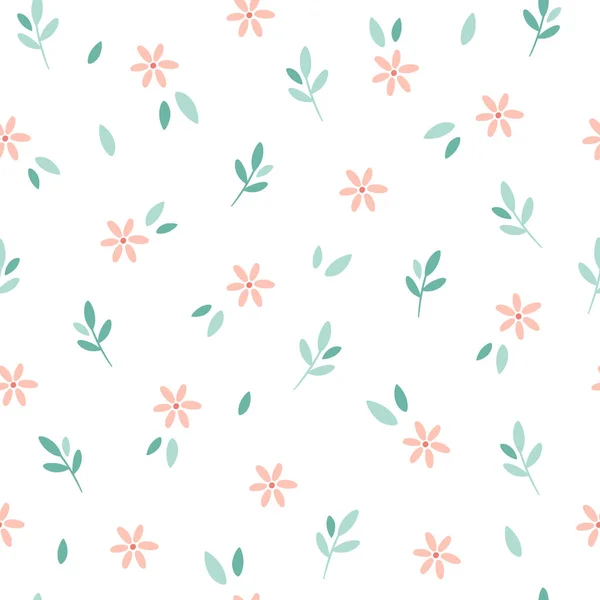 Grön gren, blad och blommor sömlöst mönster. Design för tyg, textil, omslagspapper. Handritad vektor illustration — Stock vektor