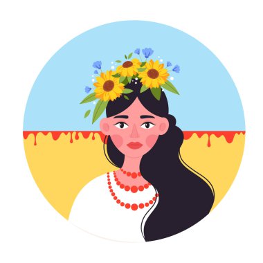Ukraynalı kadın kafasında Ukrayna çelengi var. Ukrayna bayrağı. Savaşı durdurun..