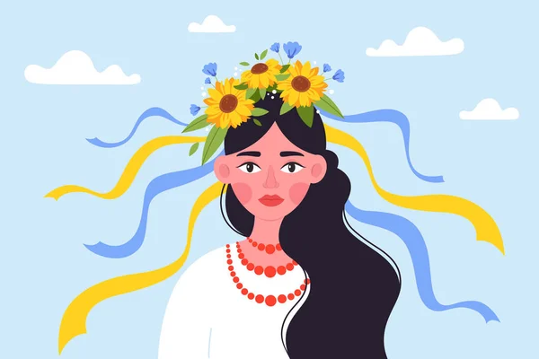 Ukraynalı kadın kafasında Ukrayna çelengi var. Ukrayna 'da kal. Vektör illüstrasyonu