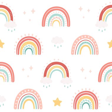 Bulutlu ve yıldızsız desenli soyut gökkuşağı. Kumaş, tekstil, ambalaj kağıdı, fidanlık tasarımı.