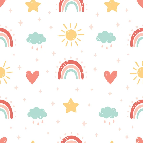 Abstract Rainbow Clouds Sun Stars Seamless Pattern Design Fabric Textile — Stock Vector