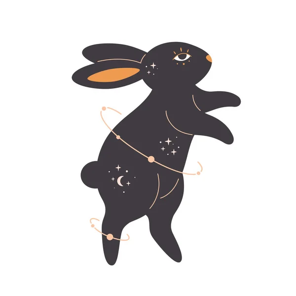 Gizemli, mistik, astroloji ve sihirbaz unsurları olan bir tavşan. Tavşan Yılı. El çizimi vektör illüstrasyonu — Stok Vektör