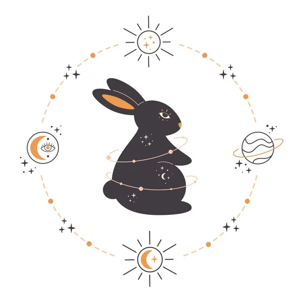 Astroloji, gizemli, mistik ve sihirbaz unsurları olan bir tavşan. Tavşan Yılı. El çizimi vektör illüstrasyonu — Stok Vektör
