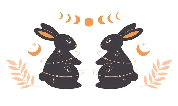 Astroloji, gizemli, mistik ve sihirbaz unsurlara sahip tavşanlar. Tavşan Yılı. El çizimi vektör illüstrasyonu — Stok Vektör