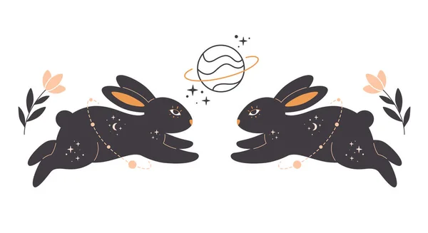 Astroloji, gizemli, mistik ve sihirbaz unsurlara sahip tavşanlar. Tavşan Yılı. El çizimi vektör illüstrasyonu — Stok Vektör