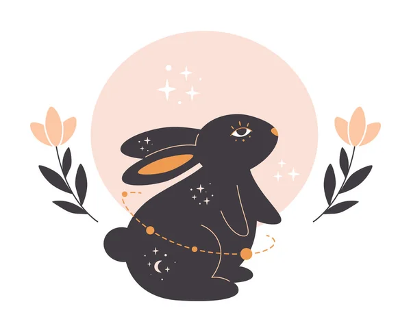 Astroloji, gizemli, mistik ve sihirbaz unsurları olan bir tavşan. Tavşan Yılı. El çizimi vektör illüstrasyonu — Stok Vektör
