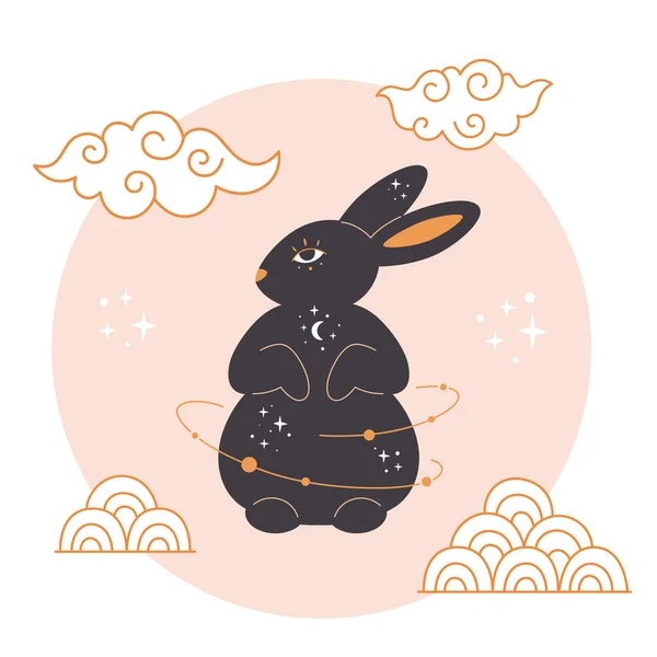 Поздравительная открытка с китайским Новым годом 2023 с симпатичным кроликом. Год Кролика. Середина осеннего фестиваля. Азиатский стиль. Векторная иллюстрация — стоковый вектор