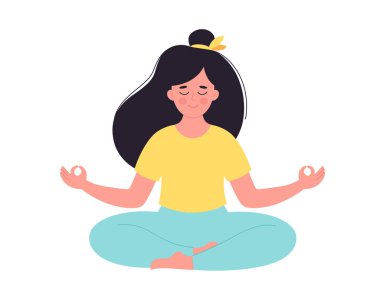 Lotus pozunda meditasyon yapan bir kadın. Sağlıklı yaşam tarzı, yoga, rahatlama, nefes alma egzersizi. Dünya yoga günü. Vektör illüstrasyonu