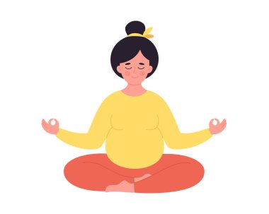 Nilüfer çiçeğiyle meditasyon yapan hamile bir kadın. Sağlıklı hamilelik, yoga, rahatlama, nefes alma egzersizi. Vektör illüstrasyonu