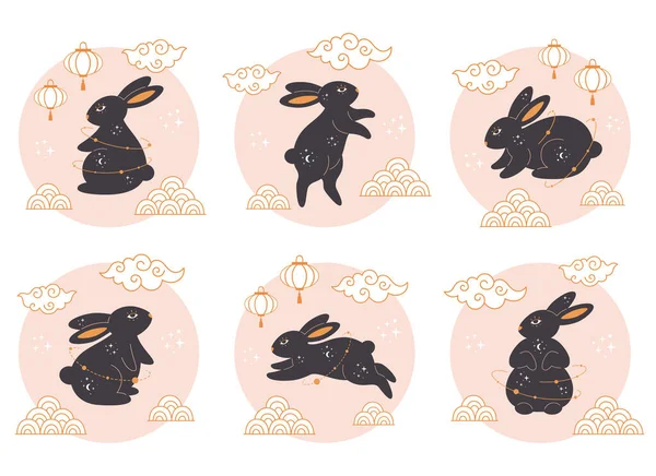 かわいいウサギと幸せな中国の旧正月2023 ウサギの年 中秋節 アジア風 ベクターイラスト — ストックベクタ