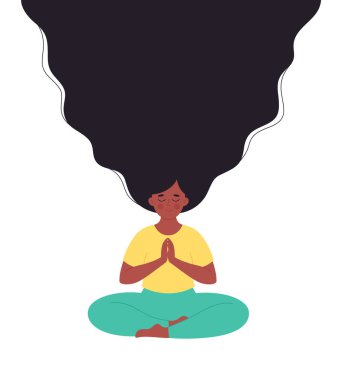 Siyahi kadın nilüfer çiçeği pozunda meditasyon yapıyor. Sağlıklı yaşam tarzı, yoga, rahatlama, nefes alma egzersizi. Dünya yoga günü. El çizimi vektör illüstrasyonu