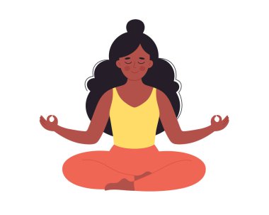 Siyahi kadın nilüfer çiçeği pozunda meditasyon yapıyor. Sağlıklı yaşam tarzı, yoga, rahatlama, nefes alma egzersizi. Dünya yoga günü. El çizimi vektör illüstrasyonu