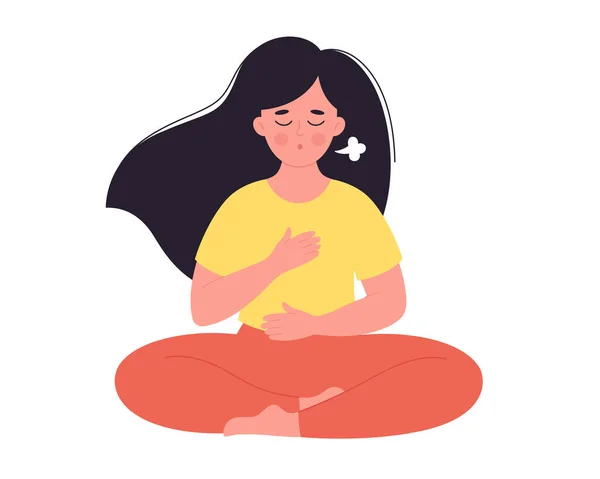 Lélegző gyakorlaton lévő nő. A nő lótuszban meditál. Jóga világnap, mentális wellness. Kézzel rajzolt vektor illusztráció — Stock Vector